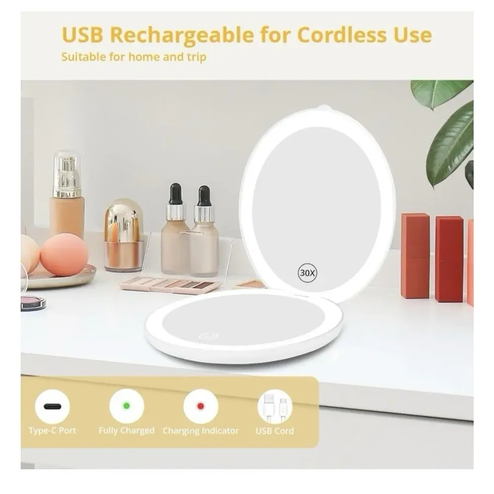 Dual Lighted Compact Mirror, Led Rings, Magnification, Adjustable Brightness